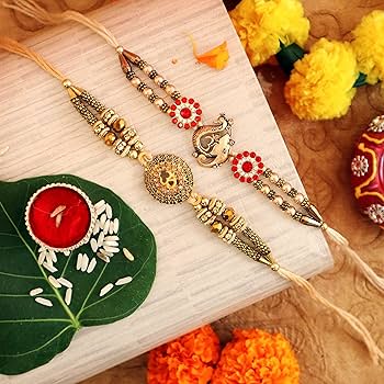 Traditional Rakhi Set with Intricate Beadwork and Lord Ganesha Design